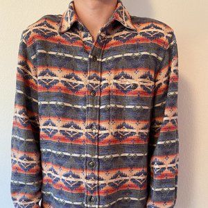 Orvis Men's Shirt.  Abstract Design in Blue/Orange/Gray.  Size L